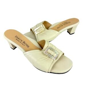 Taryn Rose Ivory Leather Open Toe Pearl Embellished Block Heel Dressy Sandals
